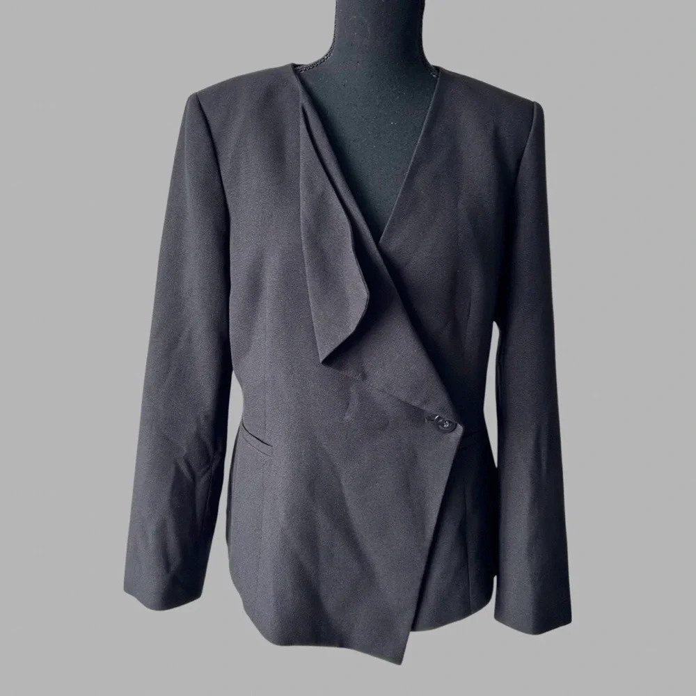 Tahari Black Ruffle Asymmetrical Blazer